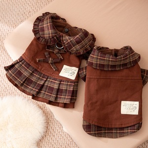 Plaid <b>Dog</b> Dress For <b>Small</b> Medium Breeds Four Seasons Warm Polyester Skirt Style With Ruffle <b>Collar</b> And Bow Detail - Product Image 1