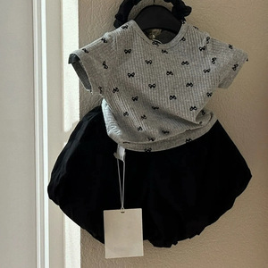 Girls Two Piece Set Grey T-Shirt Black Skirt Cotton Summer Outfit For Kids - Product Image 1