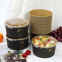 Bol à salade jetable rond en papier kraft noir imprimé avec couvercle, en film CPET, compatible micro-ondes, 1100 ml, vente en gros