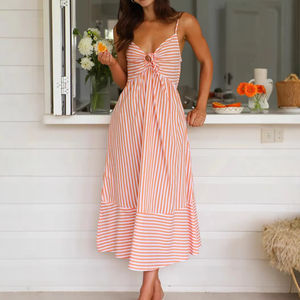 Vestido de satén informal de <span class=keywords><strong>verano</strong></span> para mujer, estilo High Street, con cuello en V, recortes, antiestático, largo hasta el suelo, con patrón de rayas, tejido natural, para fiesta. - Product Image 1