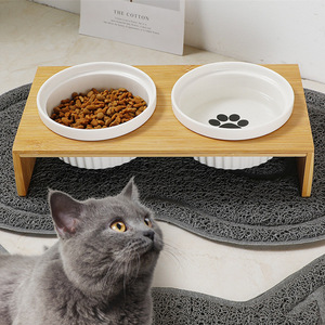 Ceramic <b>Cat</b> Bowls With Bamboo Stand Elevated Double Feeding Set For <b>Cats</b> And Dogs Pet Food Water Dish <b>Feeder</b> - Product Image 2