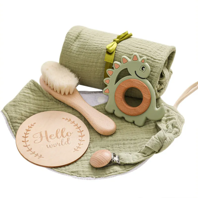 नवजात गोद भराई उपहार सेट लकड़ी के खिलौने स्नान ब्रश मलमल कंबल बॉक्स उपहार सेट के लिए एक नई नवजात शिशु