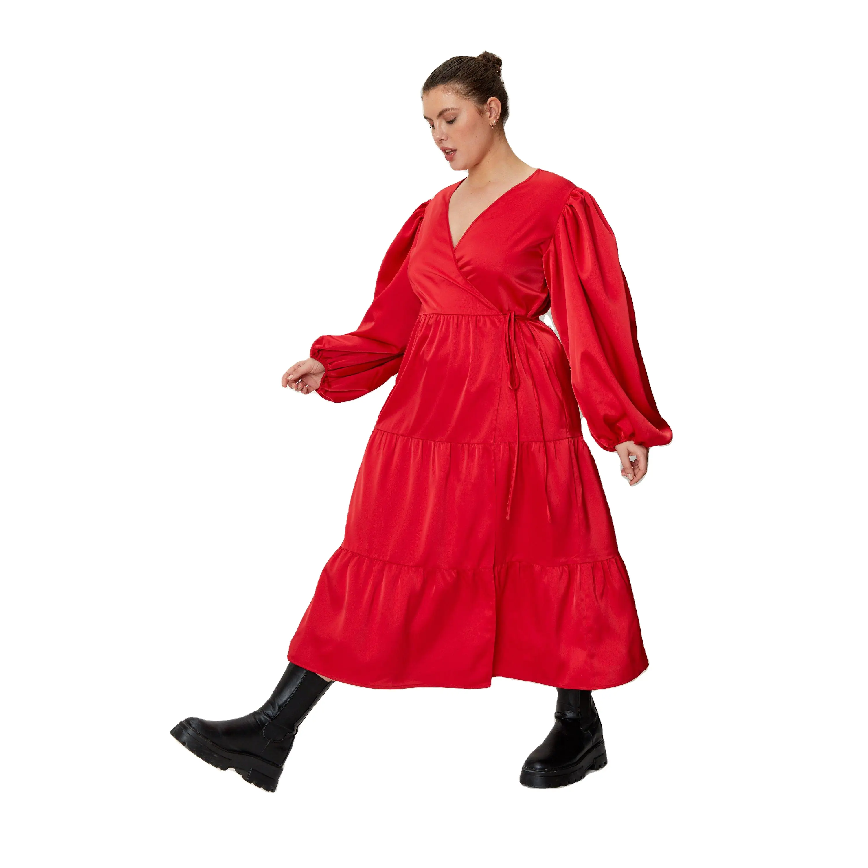 OEM ODM Satin Wrap V Neck Puff Red Party Fashion High Quality Long Sleeve Loose Women Elegant Sexy Vintage Bulk Maxi Dress