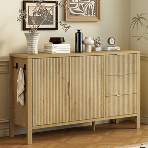 Modern Wave Pattern Sideboard With 3 <b>Drawers</b> Large <b>Storage</b> Buffet Cabinet With Hooks And Extra Center Leg - Product Image 3