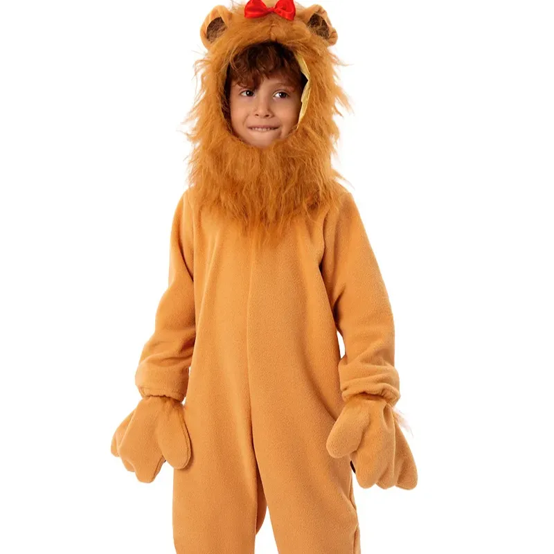 ハロウィーンのco病なライオン動物のコスプレロールプレイライオンコスプレブラウンぬいぐるみジャンプスーツコスチュームヘッドギア衣装面白い子供