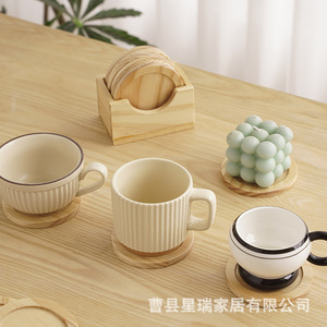 Solid Wood Round Coaster Set 6-Piece Tea Ceremony Heat Insulation Mats For <b>Cups</b> <b>Saucers</b> Pine Color - Product Image 3