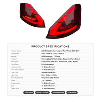 Feux arrière LED ABS haute luminosité avec clignotants séquentiels pour Ford Fiesta Hatchback 2009-2015