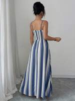 Robe longue à rayures bleues et blanches pour femmes, robe de plage à bretelles spaghetti, col carré, coupe trapèze, pour les vacances