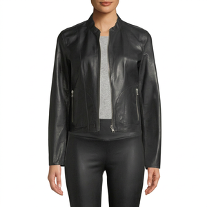 Veste en cuir véritable noire pour femme, col rond, fermeture éclair intégrale, style streetwear décontracté - Product Image 4