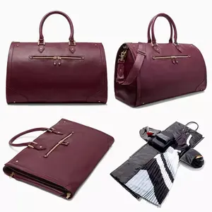 Custom Logo Women Red Burgundy Pebble Leather Ladies Travel Garment Dress Carrier Weekender Bag Garment Bag with Shoulder Strap