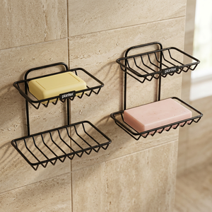 Estante de metal de doble nivel para jabón, soporte de almacenamiento para baño autoadhesivo montado en la pared, diseño minimalista, color negro - Product Image 6