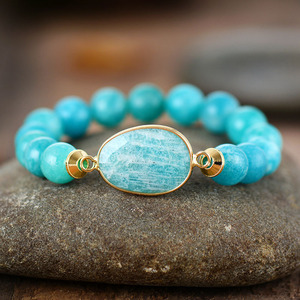 Amazonian Elastic Natural Stone <b>Beaded</b> Bracelet 10mm Golden <b>Thread</b> Pine Tianjiang Stone Bezel Setting Gift Jewelry - Product Image 4