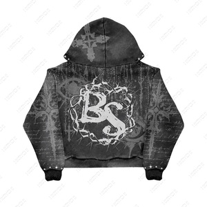 2025 Trending 100% Cotton French Terry Rhinestone <b>Hip</b> Hop Acid Wash Unisex Summer Heavyweight Hoodie Custom Printed - Product Image 2