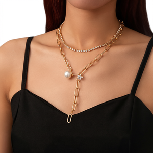 Collar de Oro con Capas, Cadena CZ, Gargantilla, Imitación de Perlas, Geométrico, Multicapa, para Mujer - Product Image 1