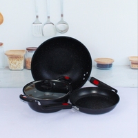 Set Peralatan Masak Anti Lengket Tiga Buah dari Bahan Batu Medis dan Besi, Cocok untuk Kompor Gas dan Induksi, Kombinasi Wajan, Hadiah