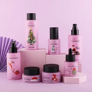 粉紫色3D打印平肩化妆品玻璃瓶套装包装圣诞精油乳液和爽肤水批发