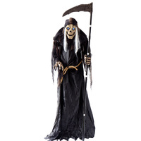 Décor de Halloween géant : Grim Reaper électrique sur pied avec faucille pour maison hantée et escape room