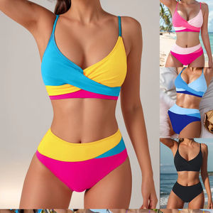 Traje de Baño Bikini de Dos Piezas de Color Sólido Personalizado, Traje de Baño Sexy de Cintura Alta para Mujer - Product Image 1
