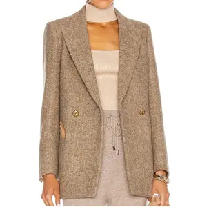Kustom modis musim dingin mantel panjang kerah jas hujan Blazer wol untuk wanita pakaian kasual kancing sebaris bergaris mantel wanita