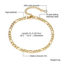 Bracelet de cheville en zircon plaqué or 18 carats en acier titane de haute qualité Bracelet de cheville en chaîne cubaine classique en acier inoxydable pour femmes