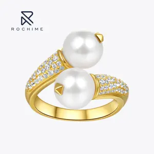 Rochime luxury vintage 925 silver twisted 8mm pearl open ring luxury jewelry gift for women