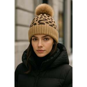 Women's Wool Beanie with Leopard Print Pom-Pom BERE1145 <b>Bonnet</b> - Product Image 2