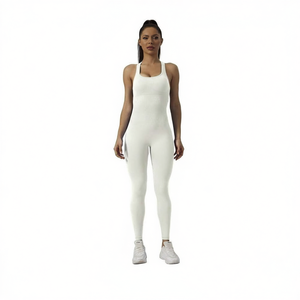 Women's Seamless High-Elastic Sports Jumpsuit, Scoop Neck Spaghetti Strap Tight Bodysuit for Fitness & <b>Yoga</b>, Solid Beige Color, - Product Image 1