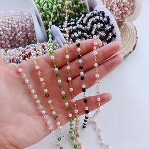 4MM Pearl And Crystal Beaded Chains Roll Brass Necklace Chain Bracelets Jewelry Making Supplies Diy Handmade Crafts Ornaments