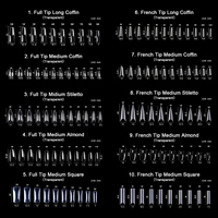 Quengel Professionnel Meilleure Vente 10 Styles Longs Ongles Acryliques Forme Cercueil Personnalisables Logo Couverture Complète Faux Ongles en Gel Souple X