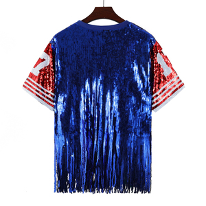 Venta al por mayor personalizado azul búfalo 17 borlas lentejuelas Jersey personalizado juego día flecos lentejuelas Tops - Product Image 2