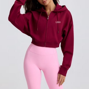 Sudadera con Capucha Corta Personalizada OEM, Color Borgoña, Hombros Caídos, Mangas Largas, 100% Algodón Jersey, Felpa Francesa, Sudadera con Capucha para Mujer - Product Image 3