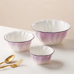 Grosir Kreatif pemodelan renda tepi mewah periuk dapur buah salad ungu keramik khusus mengkilap mangkuk sup UNTUK RESTORAN
