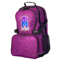 Sac à dos de cheerleading personnalisé violet pailleté avec logo de club brodé et détails en strass, sac d'équipe personnalisé pour filles