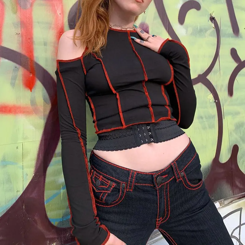 Kaus Wanita Mode Hollow Out Goth Atasan Pendek Lengan Panjang Kaus 2022 Pakaian Musim Dingin Musim Gugur Punk Kaus Gotik Streetwear