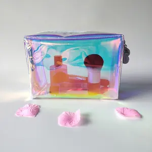 Custom made transparent clear PVC bag rainbow holographic PVC laser cosmetic makeup bag with zipper