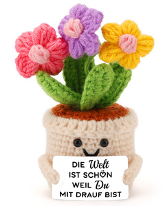 Handmade Crochet 3 Color Flower Potted Doll with 3*5cm Blank White Card Mini Knitted <b>Ornament</b>, Desktop Decor Gift, Support Custo - Product Image 1