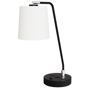Lampe de chambre King Size contemporaine personnalisée pour hôtel, en fer blanc avec abat-jour en tissu et double prise de courant intégrée - Product Image 1