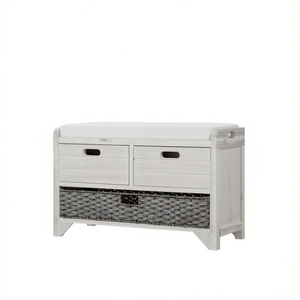 White Washed <b>Storage</b> <b>Bench</b> With 2 Drawers Removable Basket <b>Bedroom</b> Furniture Fully Assembled Modern Design - Product Image 1