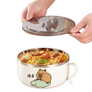 Bol à nouilles instantanées avec couvercle en acier inoxydable, grande capacité, hermétique, design mignon de dessin animé, pour adultes, pour un usage domestique - Product Image 1
