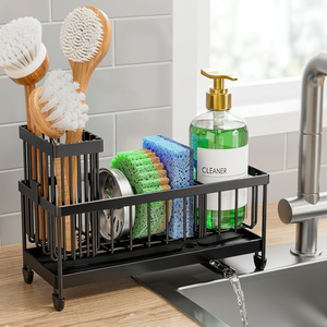 Égouttoir de cuisine métallique à double niveau avec roulettes, support de rangement étanche pour ustensiles, éponges et distributeur de savon - Product Image 6