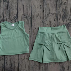 Ensemble de yoga sans manches pour enfant, jupe unie verte imprimée, tenue d'été pour petite fille, vente en gros GSD3760 - Product Image 1