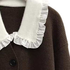Cardigan in Maglia a Coste Marrone Scuro con Colletto <span class=keywords><strong>Peter</strong></span> <span class=keywords><strong>Pan</strong></span> Arricciato, Etichetta Privata, Maglione a Maniche Lunghe con Colletto <span class=keywords><strong>Peter</strong></span> <span class=keywords><strong>Pan</strong></span>, Giacca in Maglia Vintage - Product Image 4