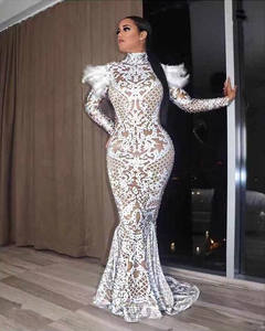 Elegant <strong>White</strong> Long Sleeve Print Feathers Rhinestone Ball Gowns Prom Trumpet <strong>Dress</strong> Birthday Women Wedding Mermaid Evening <strong>Dresses</strong> - Product Image 2