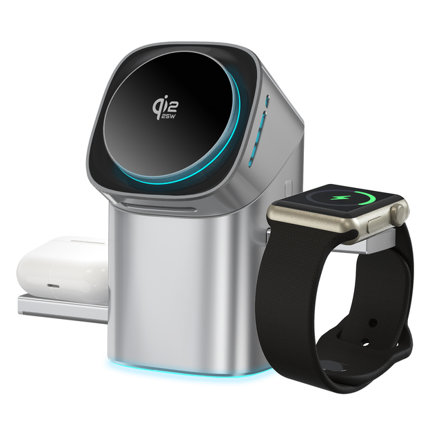 Full Touch Rotatable Qi2.2 25W 3 in 1 Magnetic Wireless Charger Station With Fan and Light for iPhone Samsung IWatch AirPods
