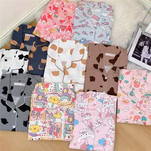 Piyama Pakaian Tidur Wanita Korea Penjualan Terbaik Monsoon Kardigan Lengan Panjang Layanan Rumah Kartun Setelan Pakaian Tidur Katun Piyama Set