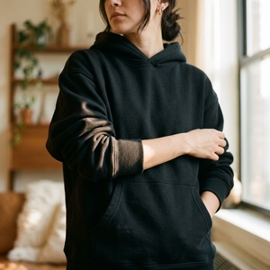 Sweat-shirt à capuche noir surdimensionné pour femme, broderie écologique, avec poches, manches longues, en polaire, couleur unie, pour le printemps et l'hiver - Product Image 3