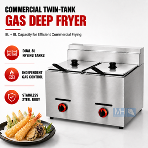 Nouvelle <span class=keywords><strong>Friteuse</strong></span> à <span class=keywords><strong>Gaz</strong></span> de Table Professionnelle 8L+8L Double Cuve en Acier Inoxydable pour Frites Poulet Frit Tempura GPL/<span class=keywords><strong>Gaz</strong></span> Naturel OEM/ODM - Product Image 1