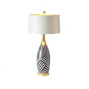 Contemporary Metal Table Lamp with Black White Stripe Pattern Gold Base White Fabric <b>Drum</b> <b>Shade</b> E26 AC Wire Living Room Decor - Product Image 1
