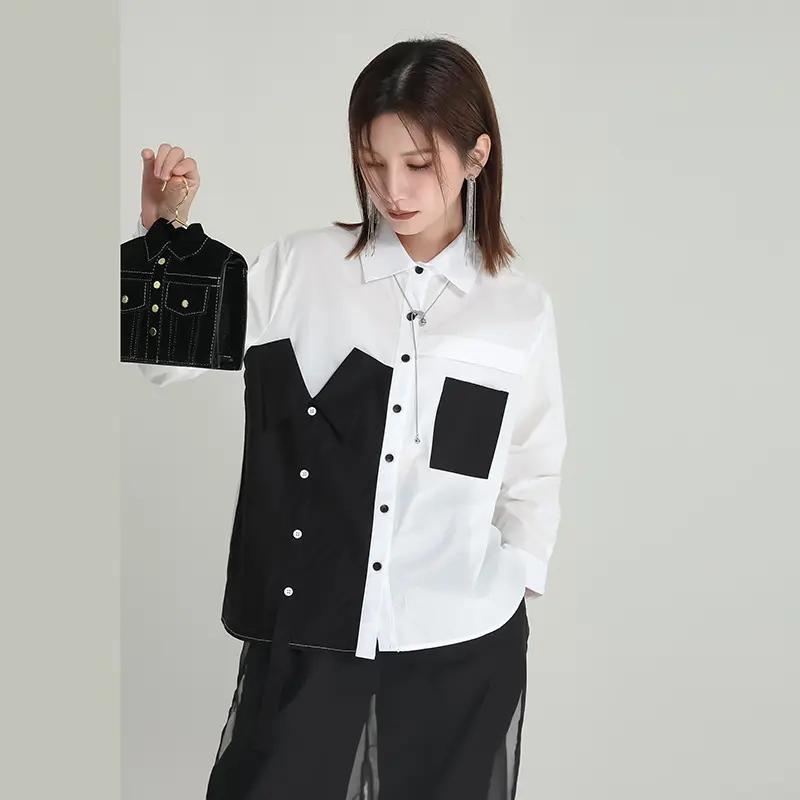 Camiseta oscura con diseño de moda para mujer, Top pequeño Irregular con contraste de Color, blusa para mujer, ropa de otoño