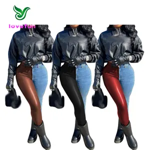 2023 Hot Selling Stretch Slim Fit Jeans Fashion Skinny Denim Pants Patchwork Pu Leather Jeans For Ladies